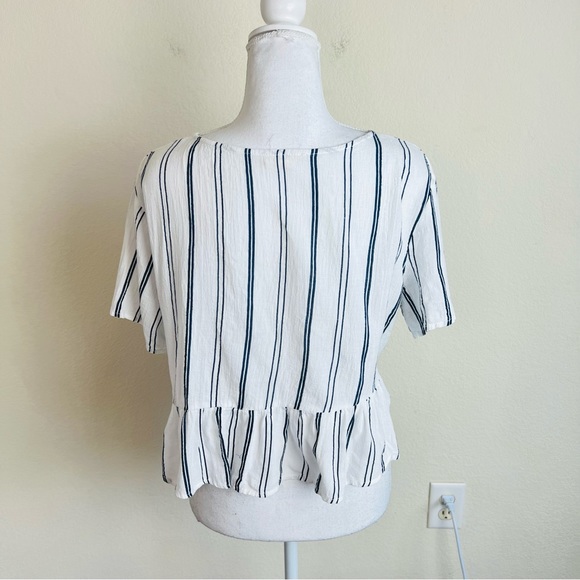 L.A. Hearts White &  Blue Pin Striped Peplum Ruffle Self Tie Crop Top Blouse - Picture 4 of 8